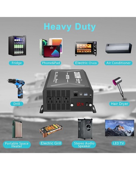 Bestek 2000 Watt Pure Sine Wave Power Inverter 12V DC to 110V AC with 3 AC Outlets PD30W USBC QC18W Remote Controller LED Display